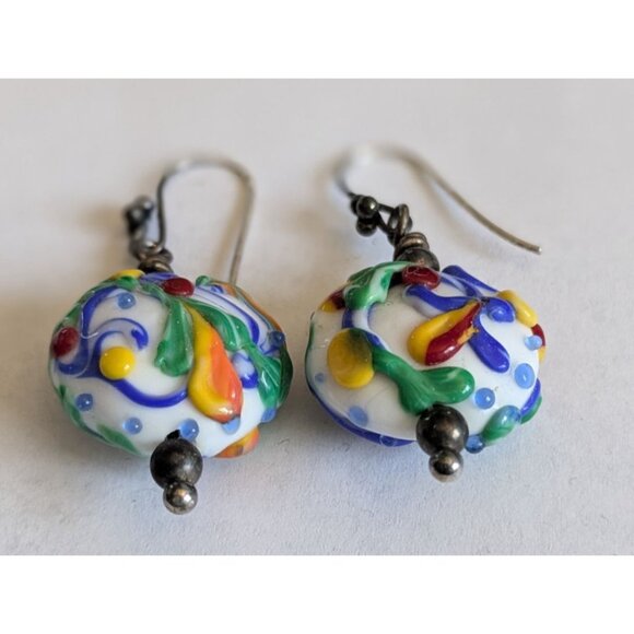 Hand Blown Glass Bead Earrings Colorful Swirls Sterling Silver Hooks - Picture 2 of 13
